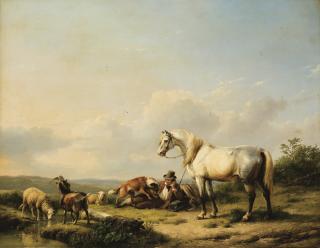 Eugène-Joseph Verboeckhoven - Le Repos Du Cavaliereugène-Joseph Verboeckhoven ; Horseman Resting ; Signed And Dated 1847 Lower Right ; Oil On Panel