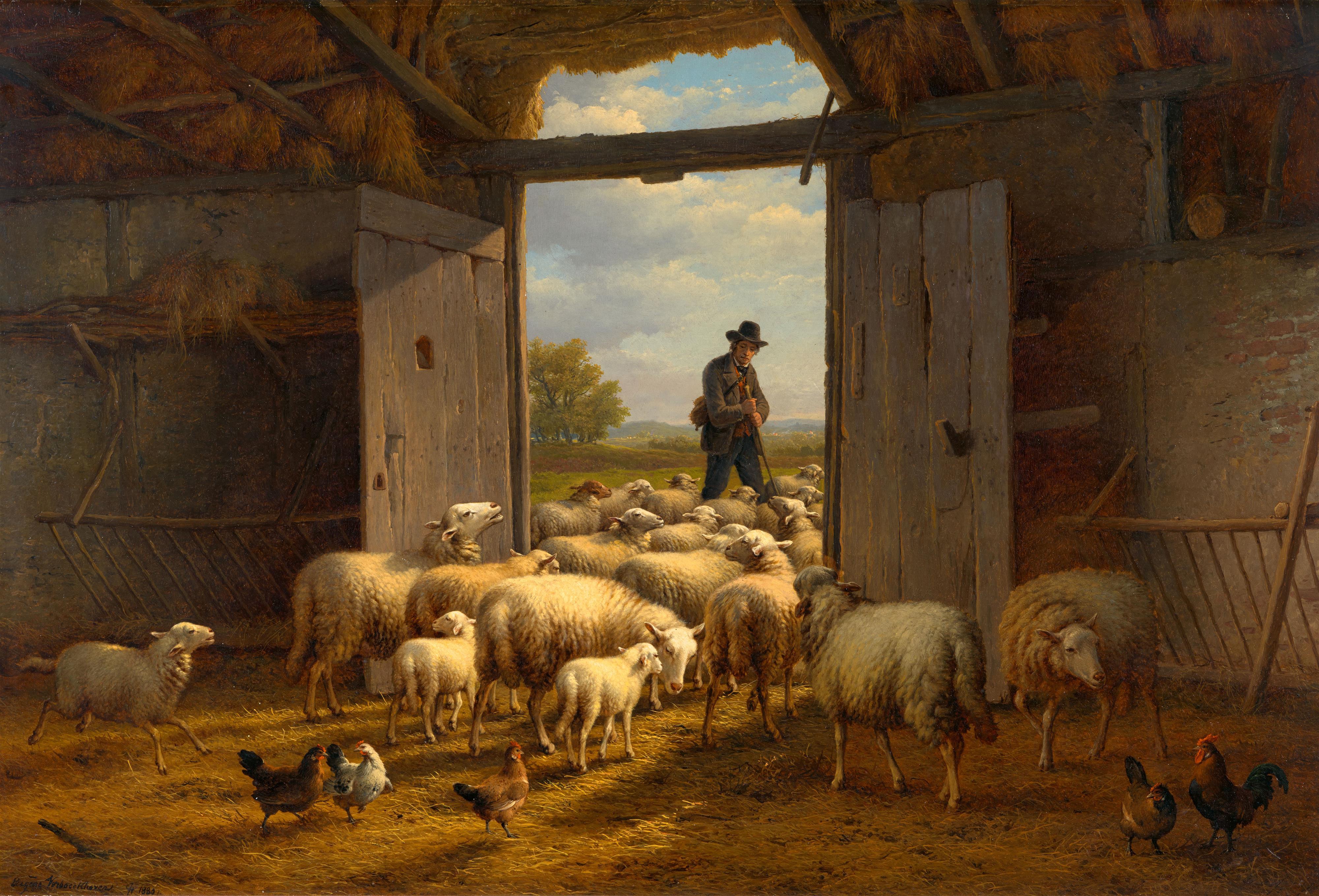 Eugène-Joseph Verboeckhoven - Schafherde im Stall