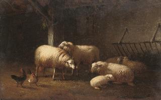 Eugène Joseph Verboeckhoven - Sheep and chicken in a barn