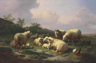Eugène Joseph Verboeckhoven - Sheep and Chickens in a Landscape