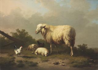 Eugène Joseph Verboeckhoven - Sheep and chickens in a pasture