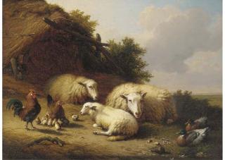 Eugène Joseph Verboeckhoven - Sheep, ducks and chickens in a landscape