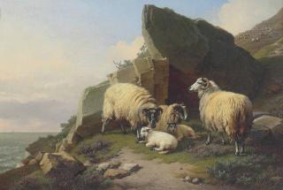 Eugène Joseph Verboeckhoven - Sheep grazing on a rocky outcrop