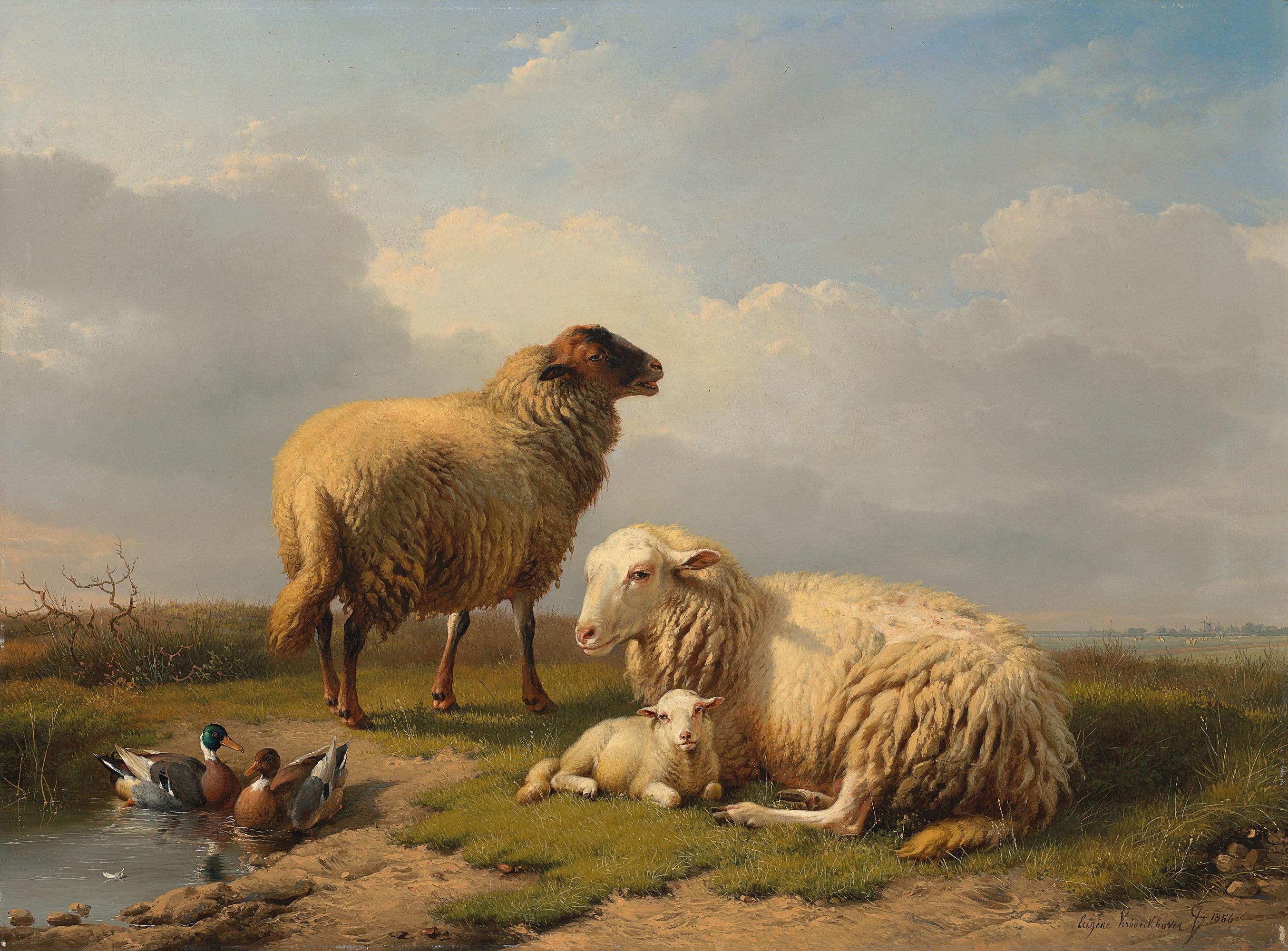 Eugène Joseph Verboeckhoven - Sheep, Lamb and Ducks by a pond