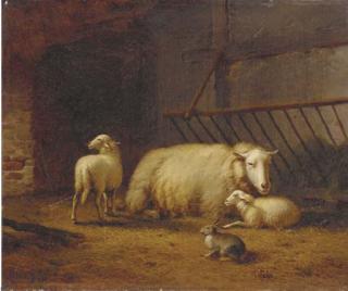 Eugène Joseph Verboeckhoven - Sheeps And A Rabbit In A Stable