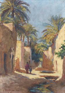 Eugène-Jules Delahogue - Personnages Dans Une Rue De Biskraeugène-Jules Delahogue ; A Street In Biskra ; Signed, Located And Dated Lower Left 1912 Biskra ; Oil On Panel