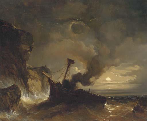 Eugène Lepoittevin - Shipwreck off the cliffs of Dover at night with Dover castle in the distance