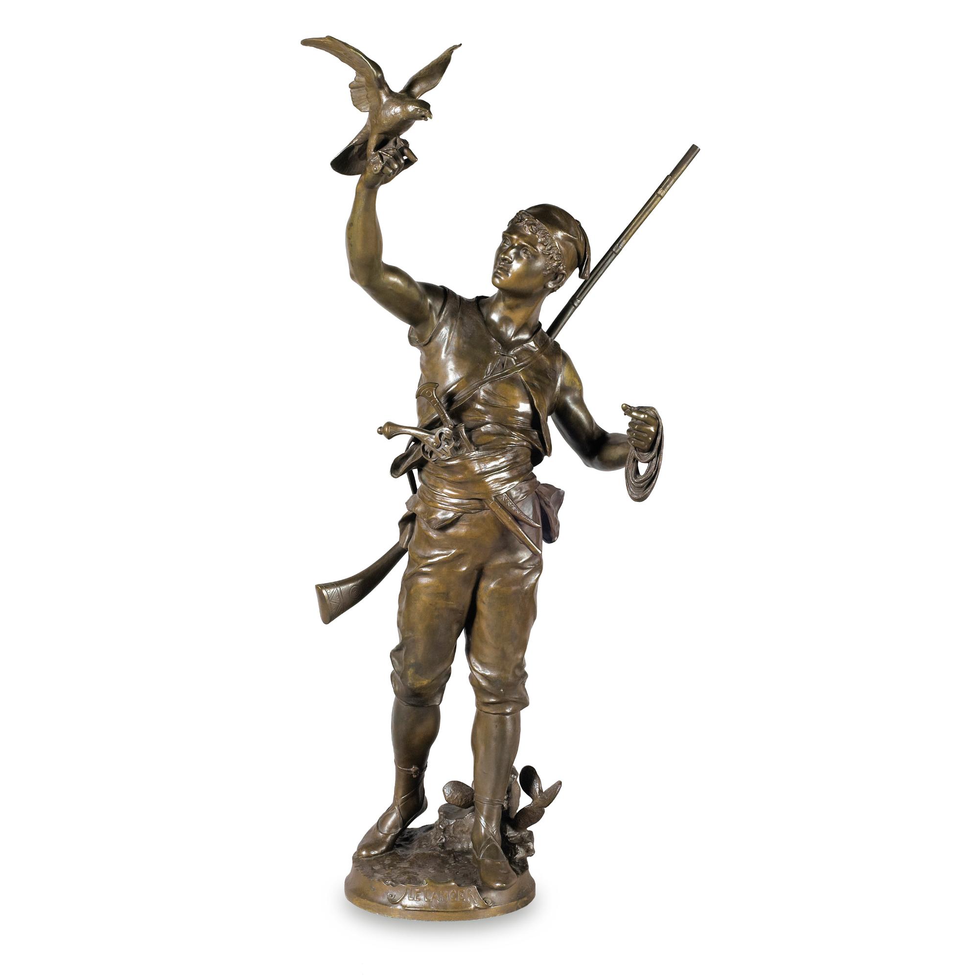 Eugène Marioton - Le Fauconniera 19Th Century French Bronze Figure Of A Falconer