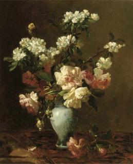 Eugène Petit - Blossom branches and peonies in a vase