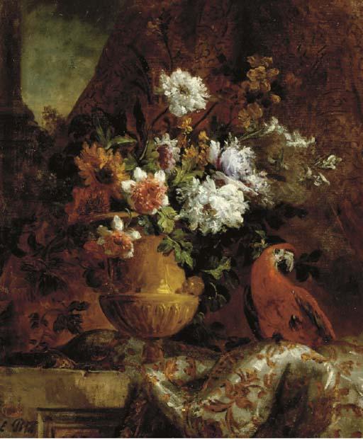 Eugène Petit - Flowers in an urn and a parrot on a ledge