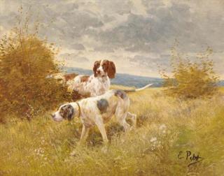 Eugène Petit - Pointers on the scent; and Hounds tethered to a tree