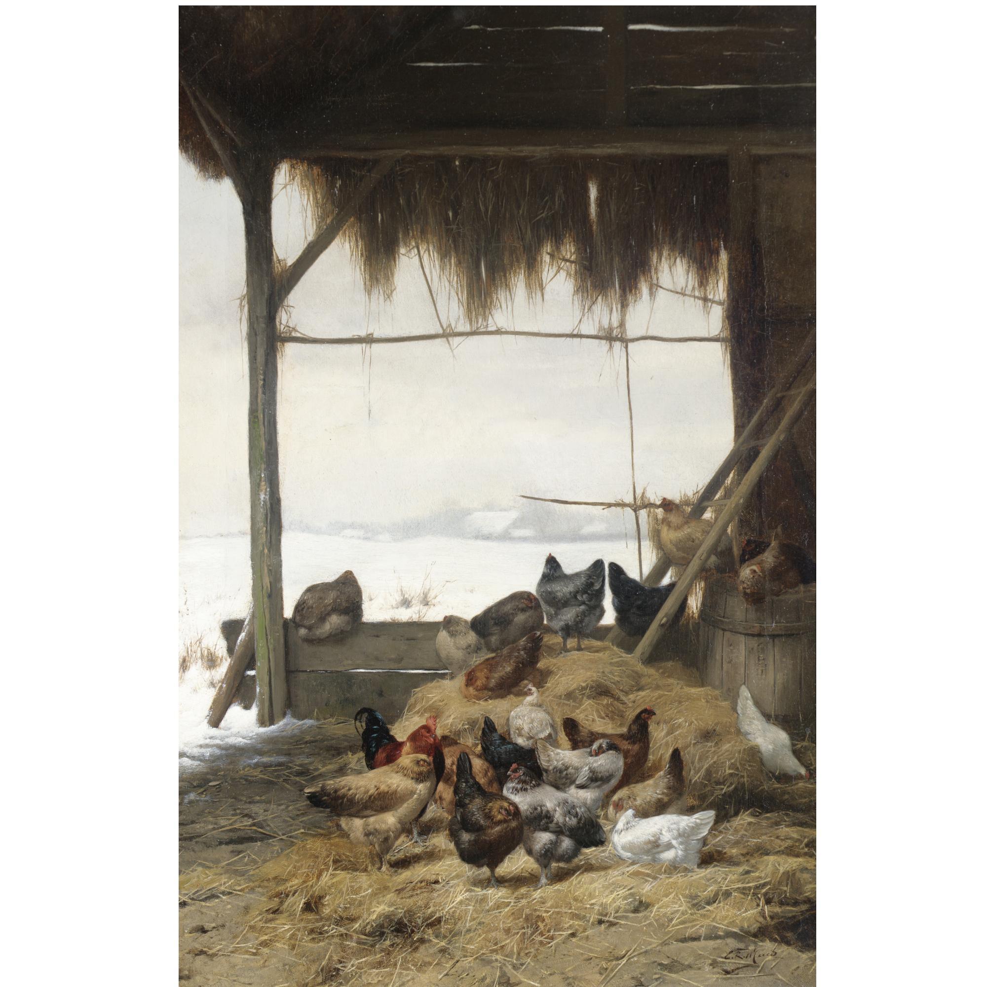Eugène Rémy Maes - Belgian Chickens By A Hay Bail.; Chickens In A Barn In Winter