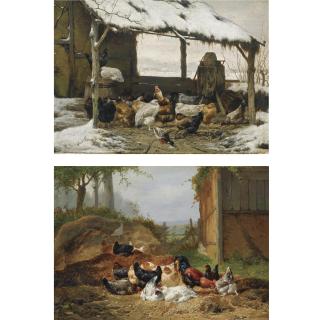 Eugène Rémy Maes - Belgian Poultry In A Snow Covered Shed; Poultry In A Sunlit Farmyard (A Pair)