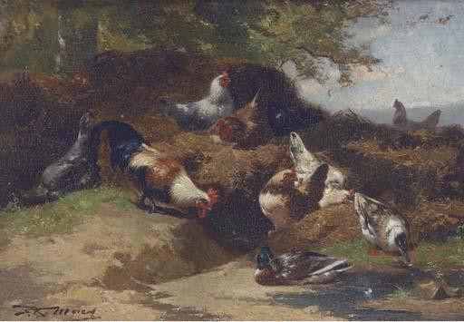 Eugène Rémy Maes - Cockerels and mallards on a sheltered bank