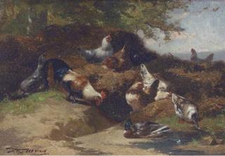 Eugène Rémy Maes - Cockerels and mallards on a sheltered bank