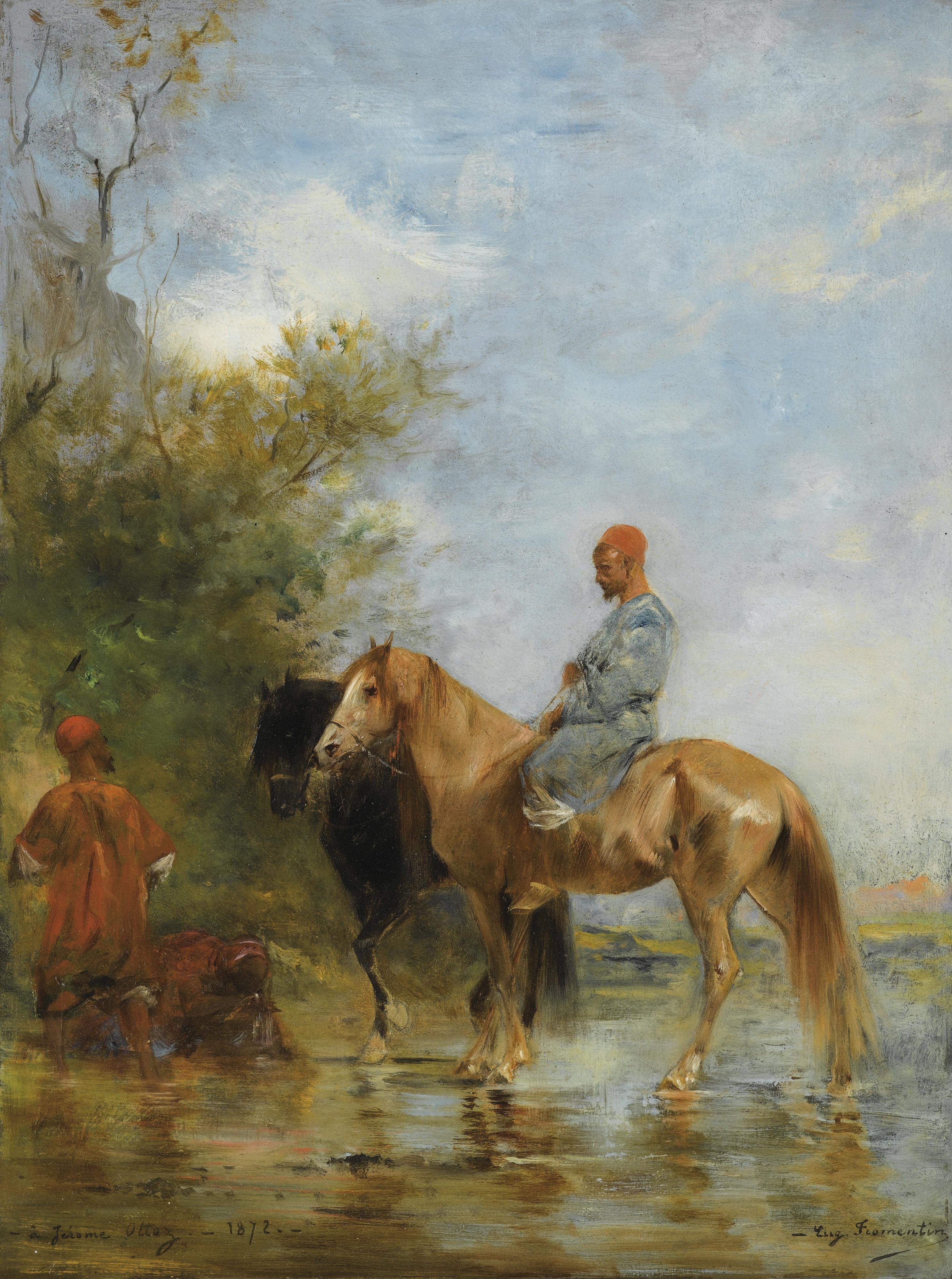Eugène-Samuel-Auguste Fromentin - Cavaliers Au Bord De L\'Eaueugène Fromentin ; Horsemen By The River ; Signed Lower Right, Dated And Dedicated Lower Left À Jerôme Ottoz 1872 ; Oil On Panel