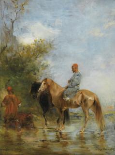 Eugène-Samuel-Auguste Fromentin - Cavaliers Au Bord De L\'Eaueugène Fromentin ; Horsemen By The River ; Signed Lower Right, Dated And Dedicated Lower Left À Jerôme Ottoz 1872 ; Oil On Panel