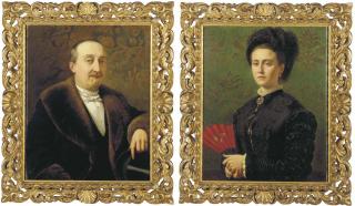 Eugène Siberdt - Portrait of a gentleman in evening-dress; Portrait of a lady holding a red fan