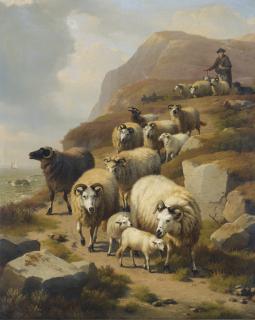 Eugène Verboeckhoven - Belgian a Shepherd And His Flock