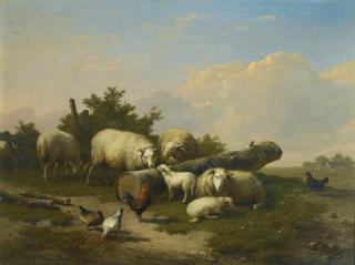 Eugène Verboeckhoven - Belgian sheep And Chicken In A Landscape