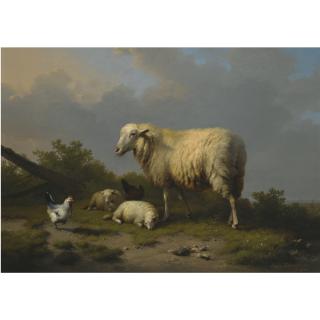 Eugène Verboeckhoven - Belgian sheep And Chickens At Pasture