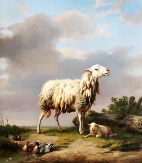 Eugène Verboeckhoven - Ewe With Her New Born Lamb