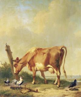 Eugène Verboeckhoven - La vache rouge et blanche se frottant la tête contre un morceau de bois
