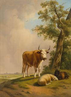 Eugène Verboeckhoven - Ochse mit Ziege und Schaf in weiter Landschaft.