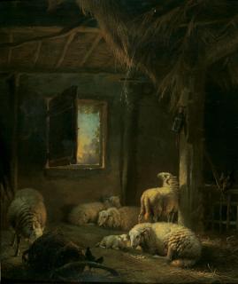 Eugène Verboeckhoven - Schafe und Hühner im Stall.