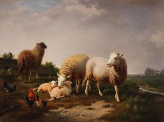 Eugène Verboeckhoven - Sheep and chickens