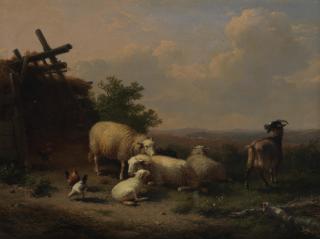 Eugène Verboeckhoven - Sheep, goat and poultry by a shelter in a landscape