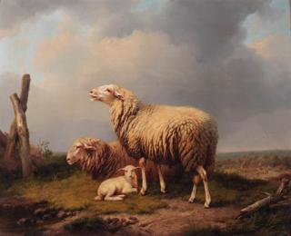 Eugène Verboeckhoven - Sheep in a meadow with a shepherd and his flock