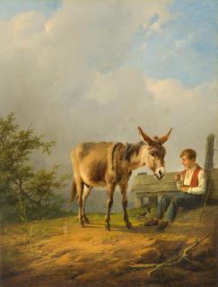 Eugène Verboeckhoven - Sitzender Knabe mit Esel auf einer Anhöhe.