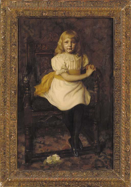 Eugéne Vincent Vidal - Portrait Of Margery Dunthorne, Seated Full-Length, In A White Dress With Yellow Sash, Apple Blossom At Her Feet, In An Interior
