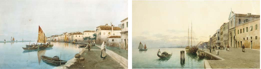 Eugenio Benvenuti - By the edge of the lagoon, Venice; A harbour on a Venetian island