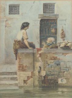 Eugenio Eduardo Zampighi - An idle conversation by a Venetian canal