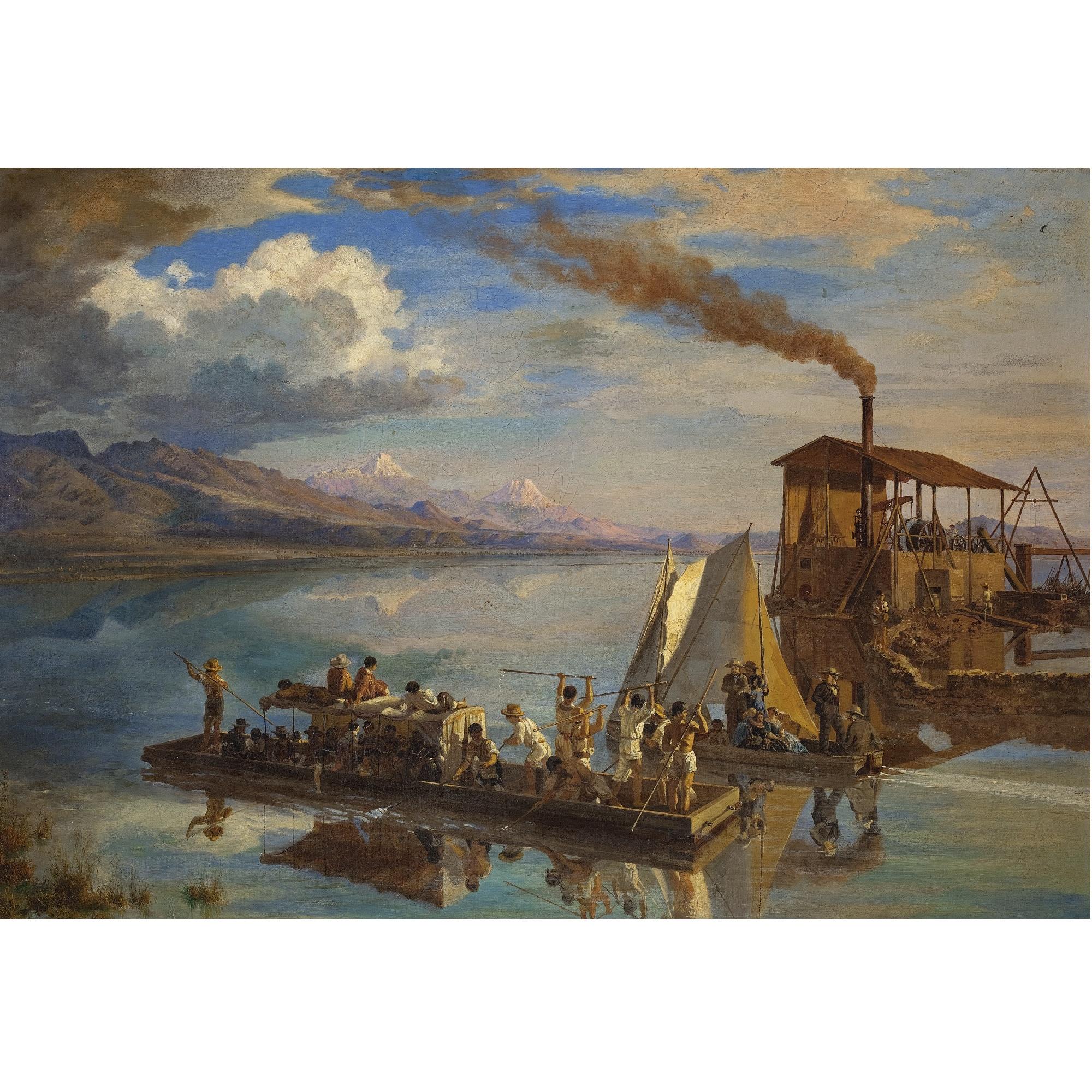 Eugenio Landesio - Cruzando El Lago De Texcoco Con Volcanes
