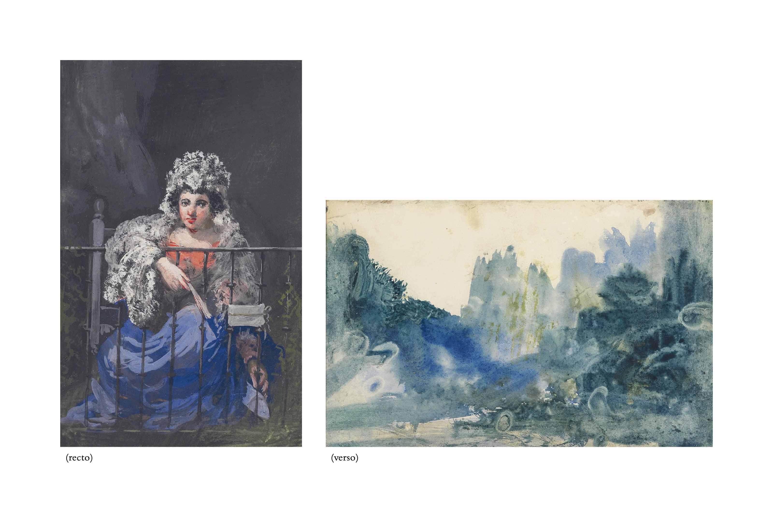 Eugenio Lucas Velázquez - A Maja On A Balcony (Recto), A Landscape (Verso)