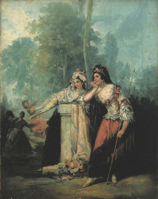 Eugenio Lucas Velázquez - Dos Majas Con Fondo de Paisaje y Escena de Columpio