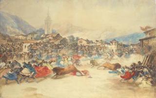 Eugenio Lucas Y Padilla - Running the bulls in the main square of a Spanish village