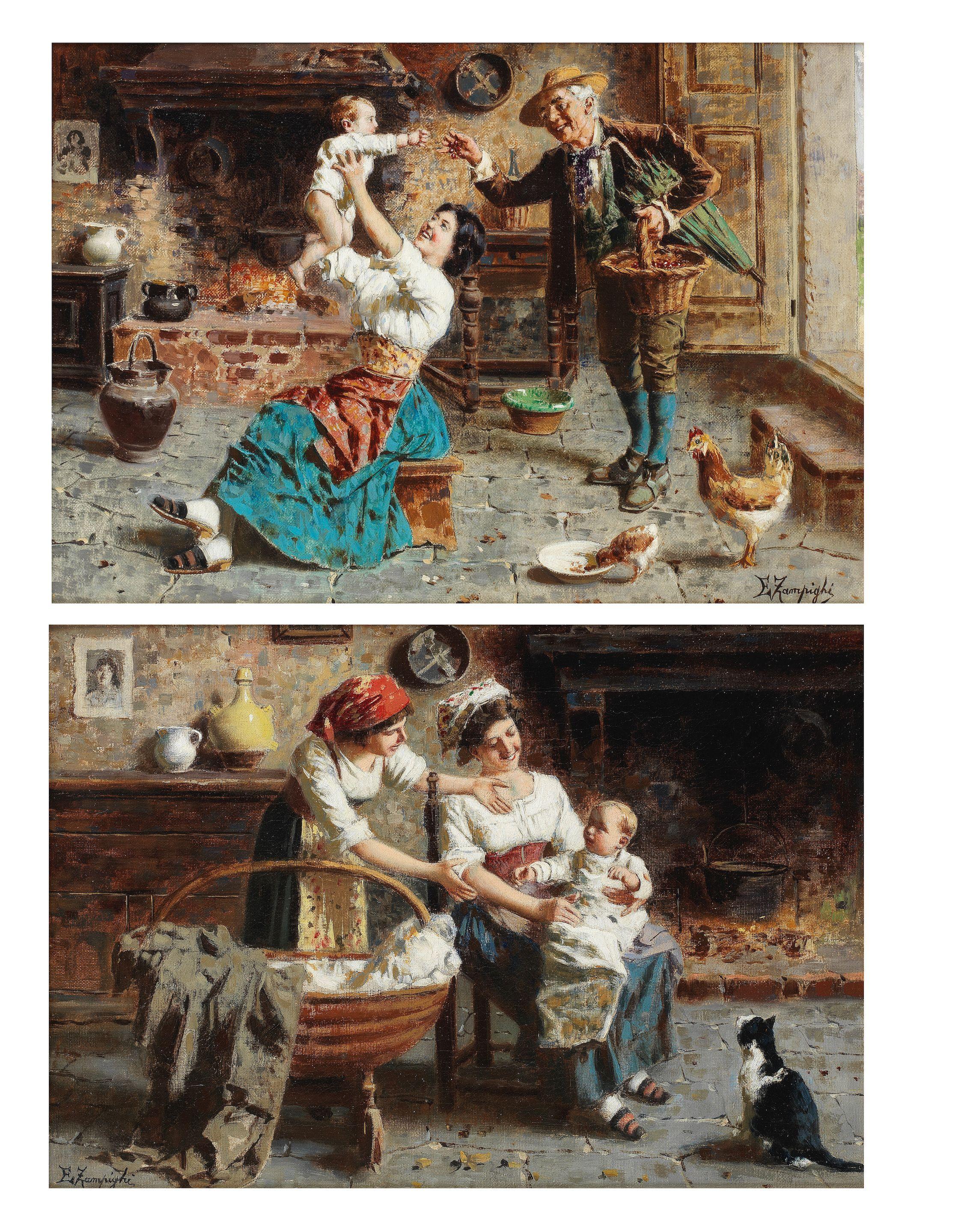 Eugenio Zampighi - Admiring baby; Centre of attention each 25.5 x 35.5 cm (10 x 14in). (2)