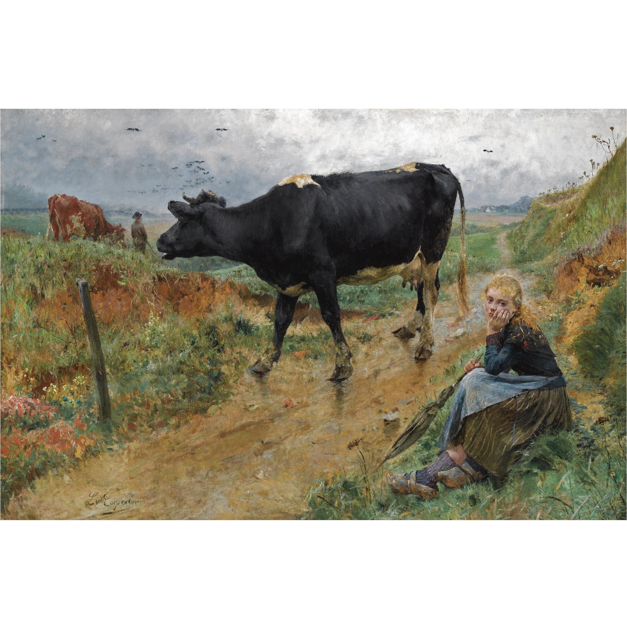 Evariste Carpentier - Belgian A Shepherdess And Her Cow