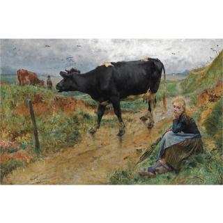 Evariste Carpentier - Belgian A Shepherdess And Her Cow