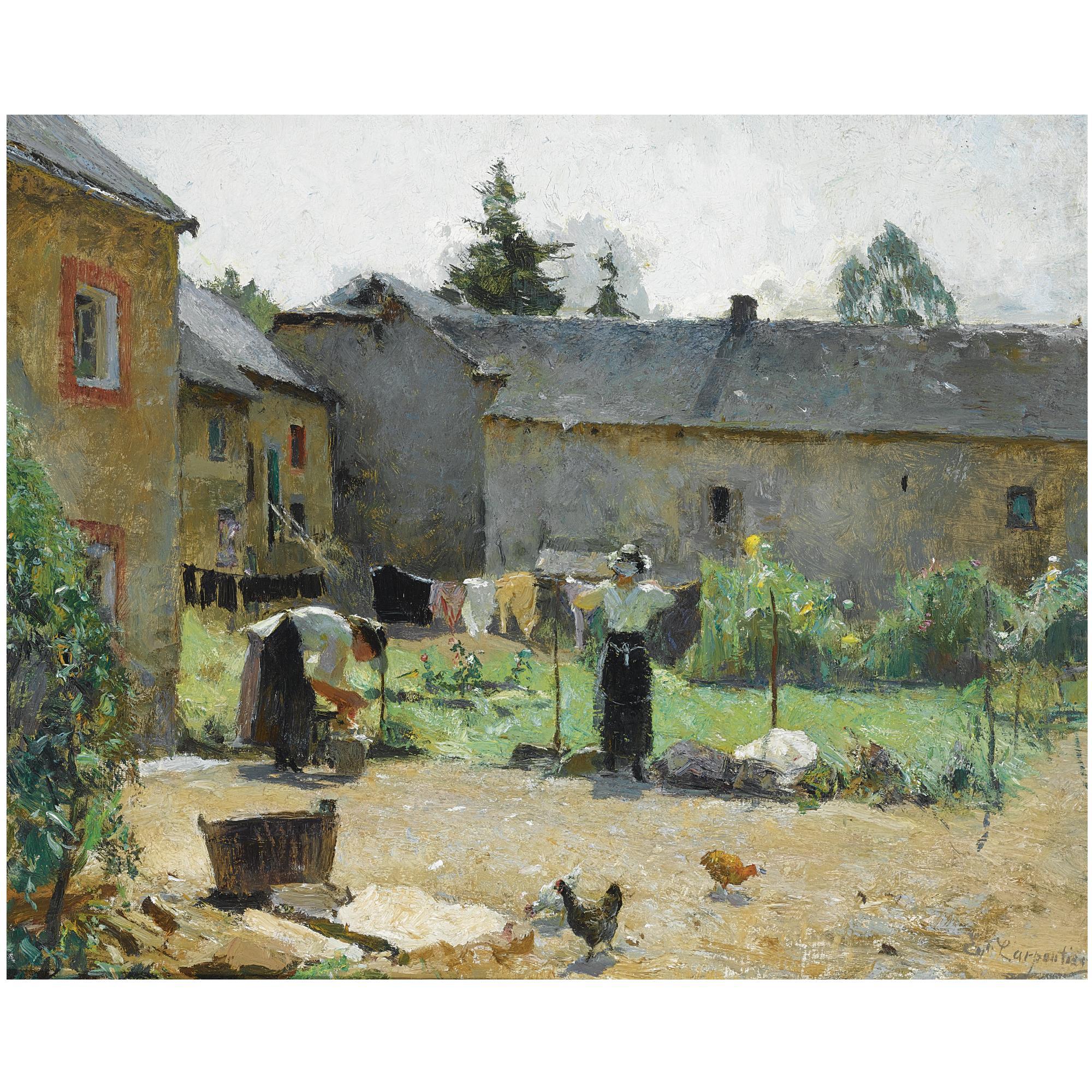 Evariste Carpentier - Belgian Women Hanging The Laundry Out To Dry In A Courtyard