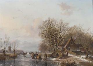 Everardus Benedictus Gregorius Pagano Mirani - Skaters And A Sportsman On The Ice, A Windmill And Koek En Zopie Beyond