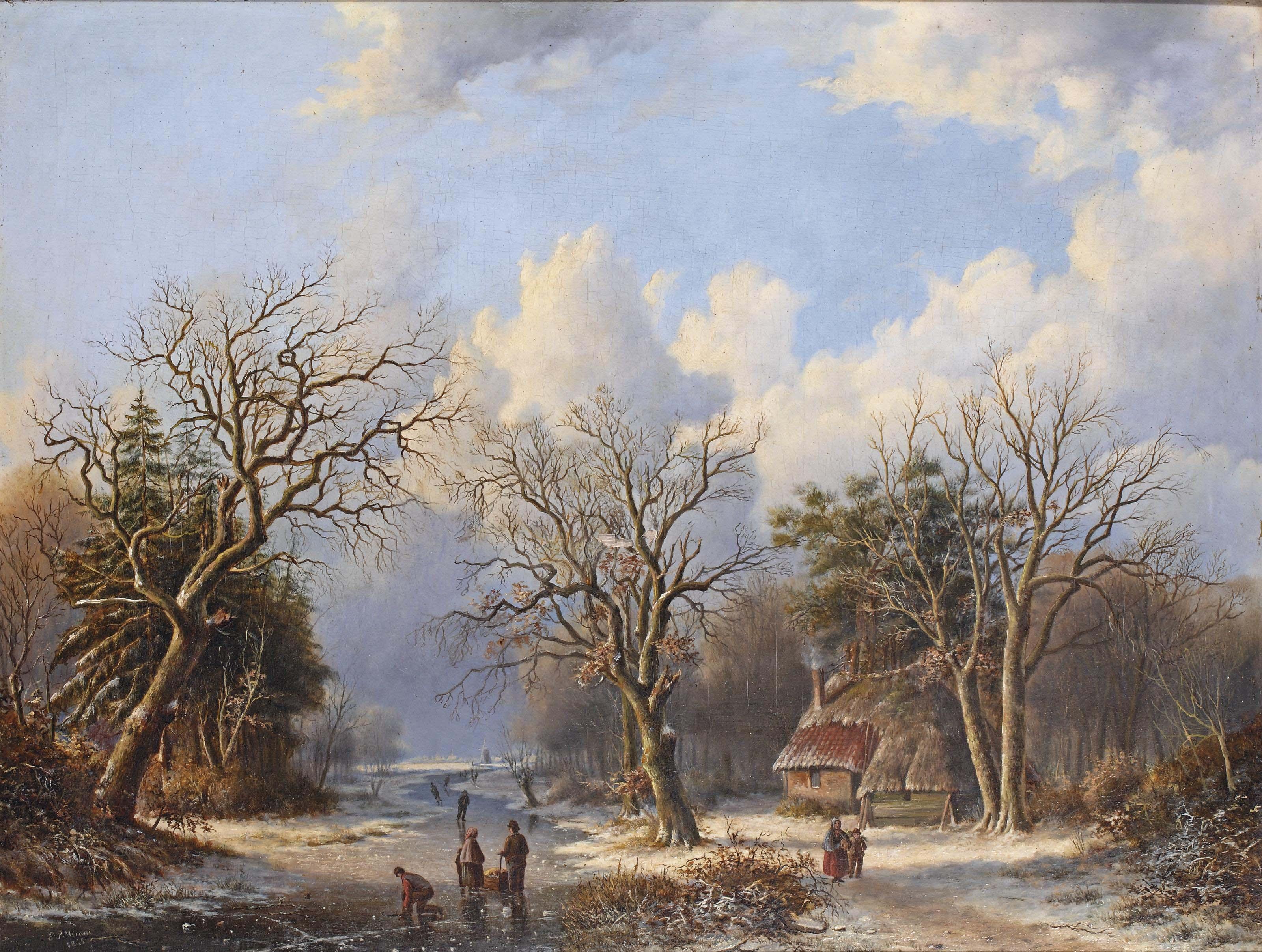 Everardus Benedictus Pagano Gregorius Mirani - A wooded landcape with skaters on the ice, a farm on the river bank
