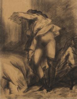 Everett Shinn - Nude Woman with Black Stockings Disrobing