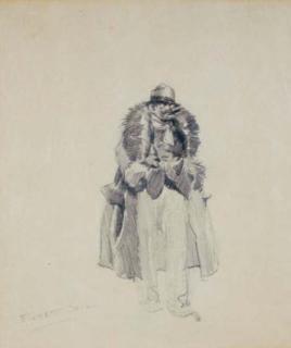 Everett Shinn - Study of a man in a fur collared coat smoking a cigar (From The Mystery of Edwin Drood)