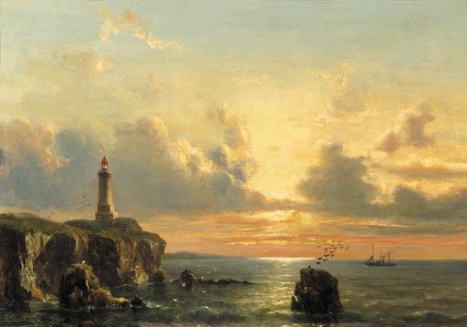 Everhardus Koster - A coastal landscape with a lighthouse at sunset