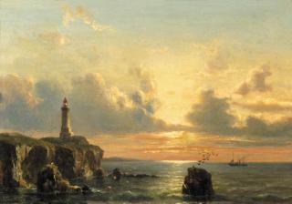 Everhardus Koster - A coastal landscape with a lighthouse at sunset